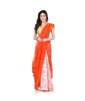 Bengal Handloom Tant Soft Dhakai Jamdani Cotton Saree Whole Body Design (Orange White)